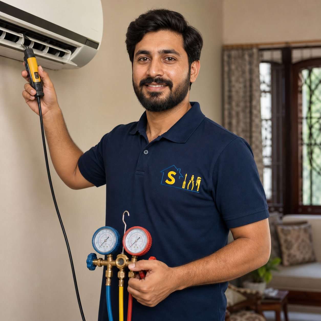 AC Services in Islamabad & Rawalpindi 1 Technician servicing a residential air conditioner